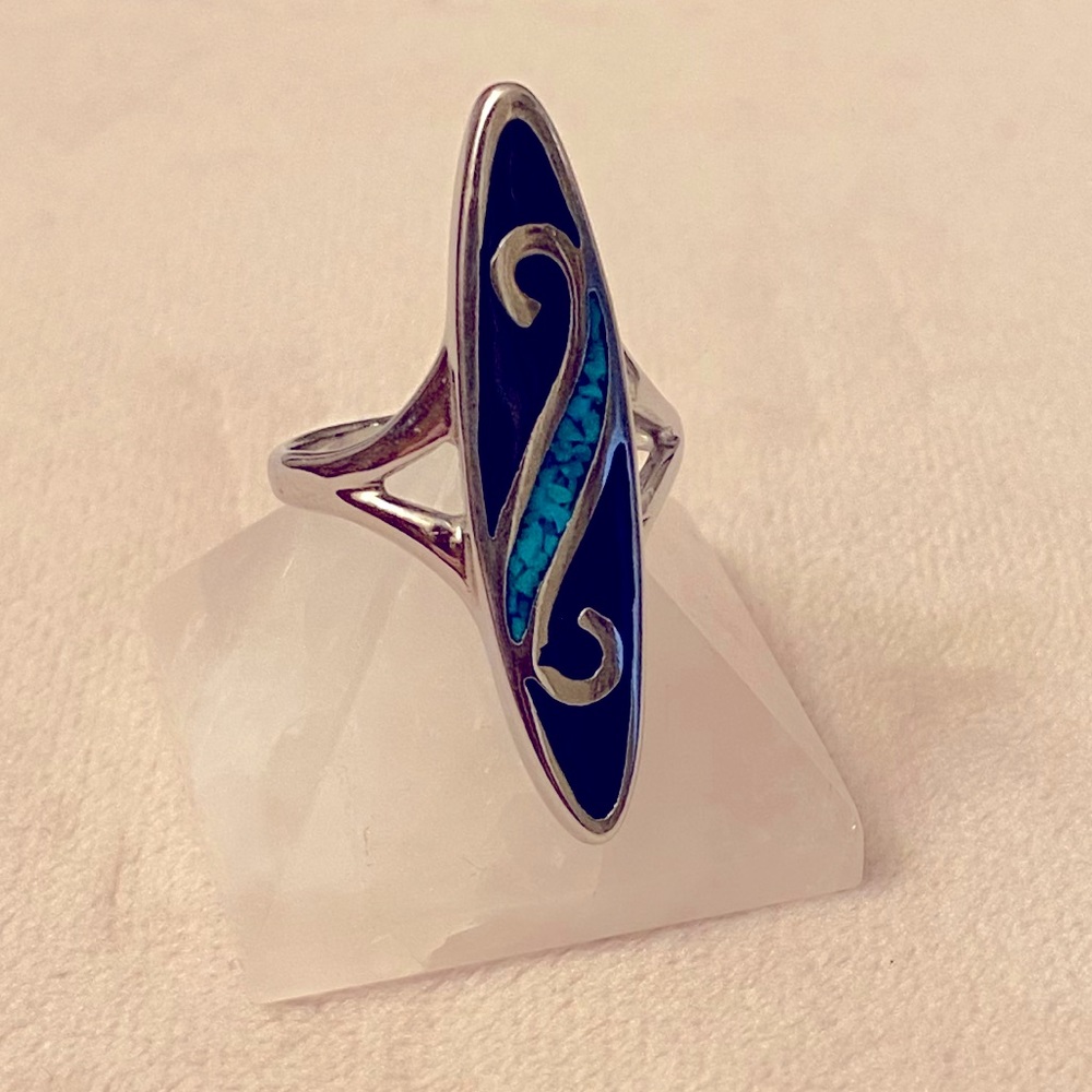 Vintage Turquoise Chips & Black Stone Sterling Silver Bohemian Ring
